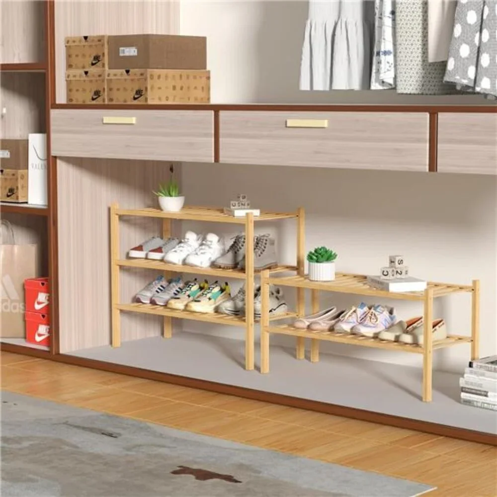 3 Tier Bamboo Shoe Rack for Closet Free Standing Wood Shoe Shelf Storage